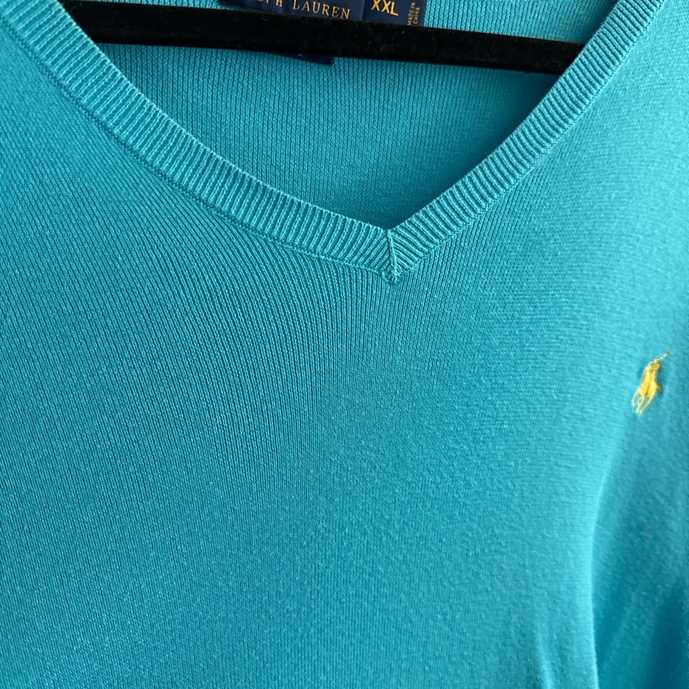 Ralph Lauren Teal V-Neck Sweater with Yellow Pony Logo